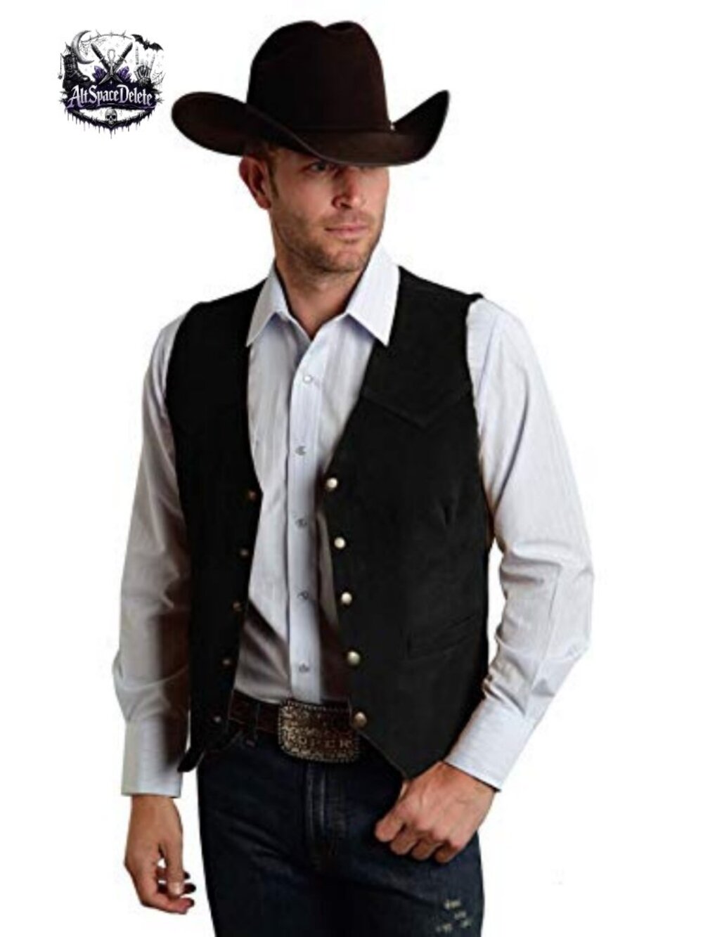 Suede Leather Vest Slim-Fit Cowboy Waistcoat Button-Down Western